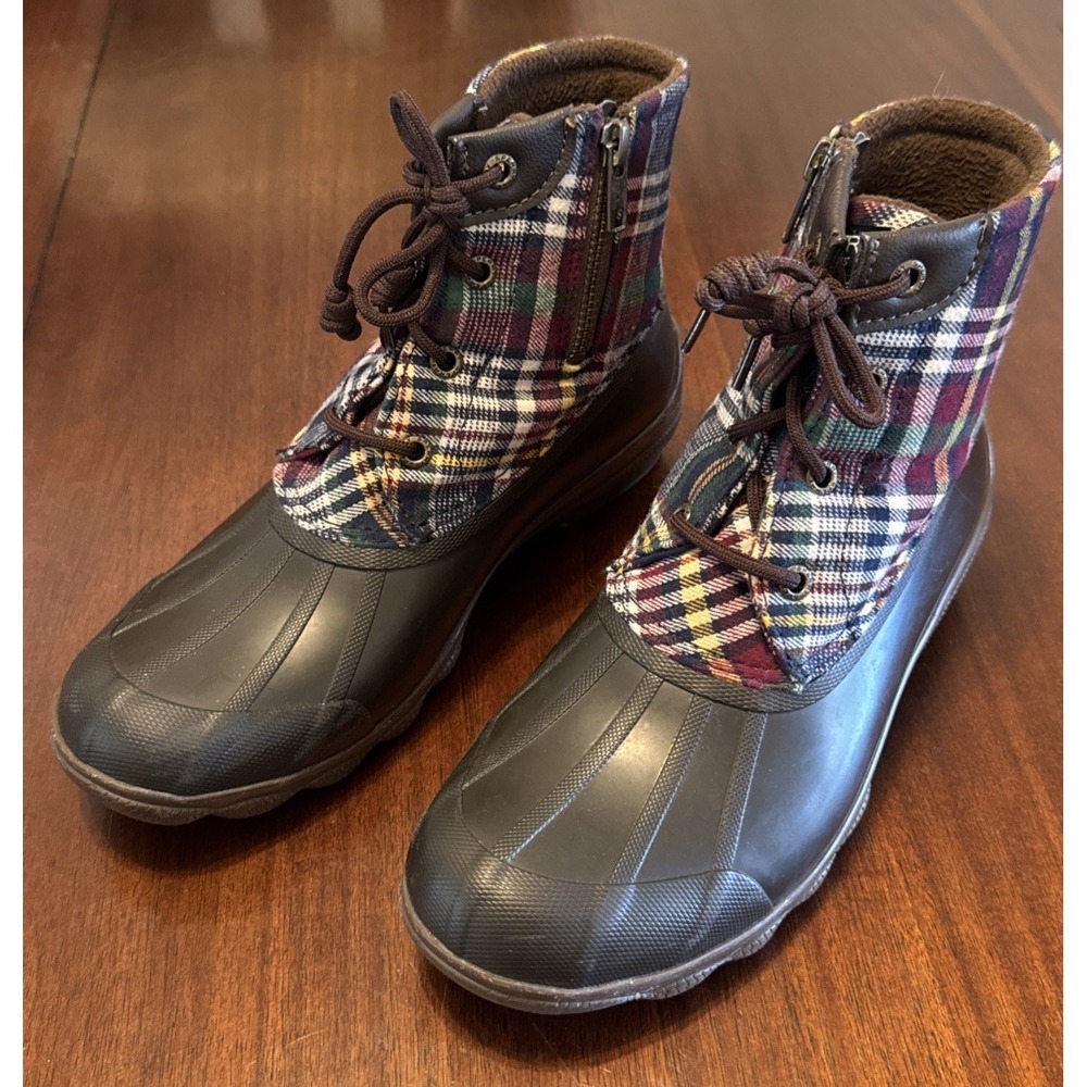 Sperry Duck Boots Womens‎ 6.5 Plaid Rubber Rain Boots Lace Up Waterproof Ankle